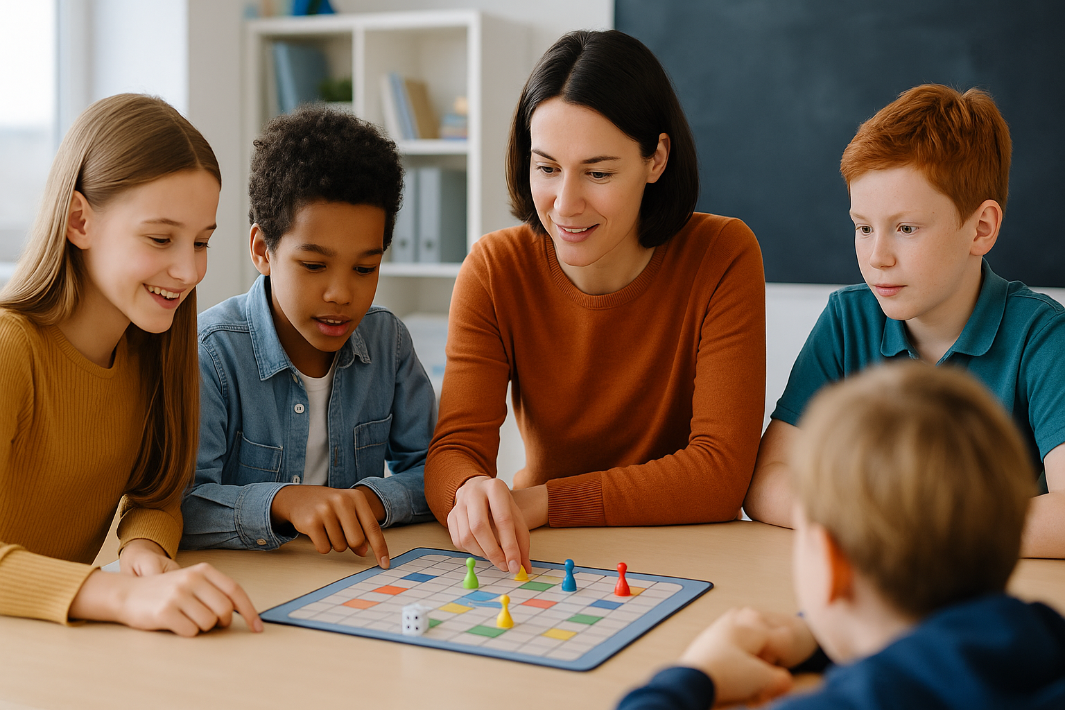 Nauczycielka i grupa dzieci grają wspólnie w grę planszową przy stole w jasnej sali lekcyjnej; wszyscy są skupieni i zaangażowani w rozgrywkę.